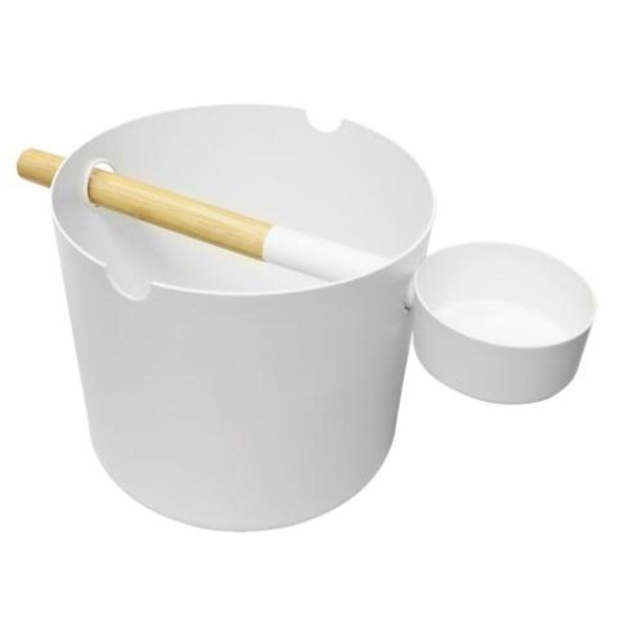 The ladle doubles as a convenient handle for the bucket and the grooves at the top of the bucket may be used to rest the ladle on between uses