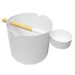 The ladle doubles as a convenient handle for the bucket and the grooves at the top of the bucket may be used to rest the ladle on between uses