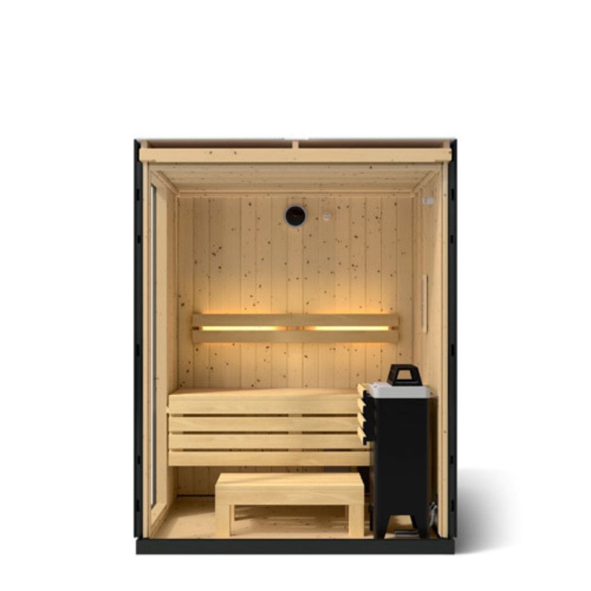 Wooden sauna with bench and heater on a white background