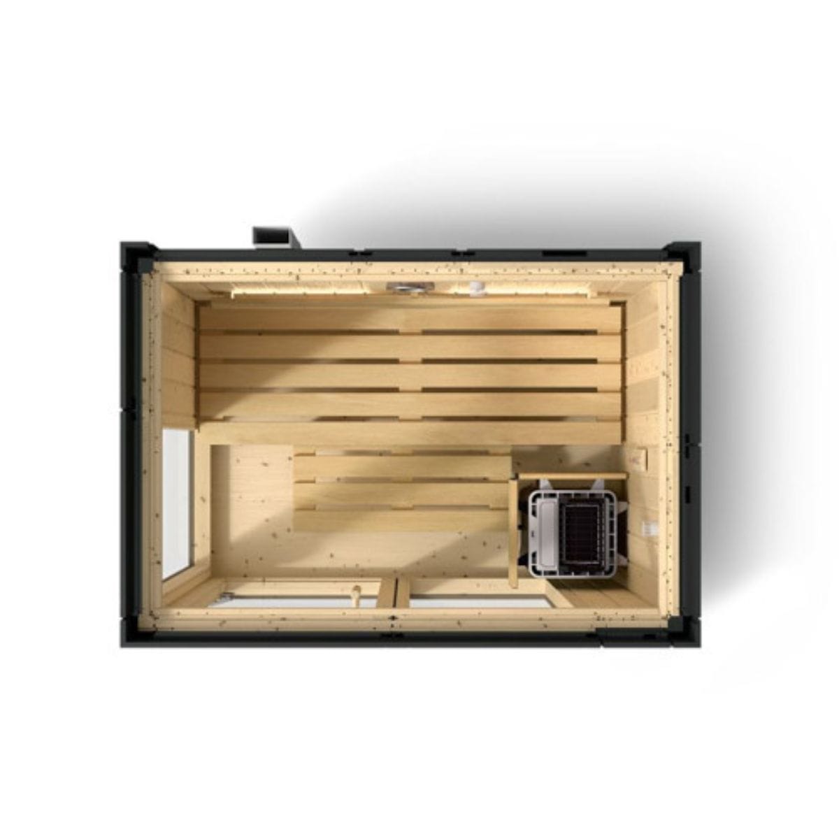 Wooden sauna with black frame on a white background