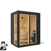 Infrared sauna with black exterior and wooden interior on a white background