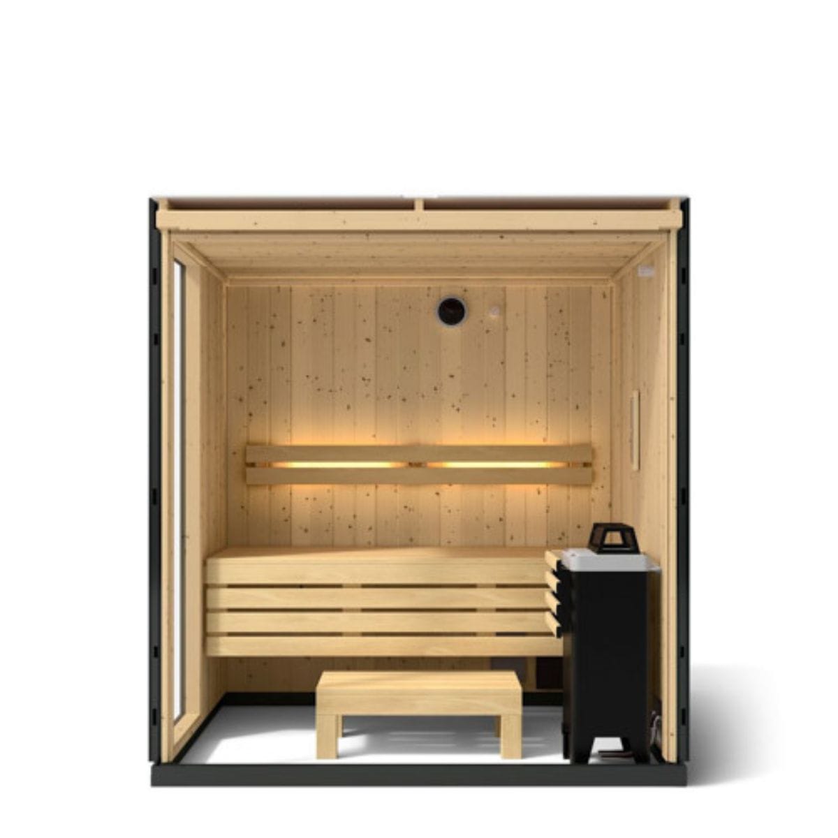 Wooden sauna with bench and light fixture on a white background