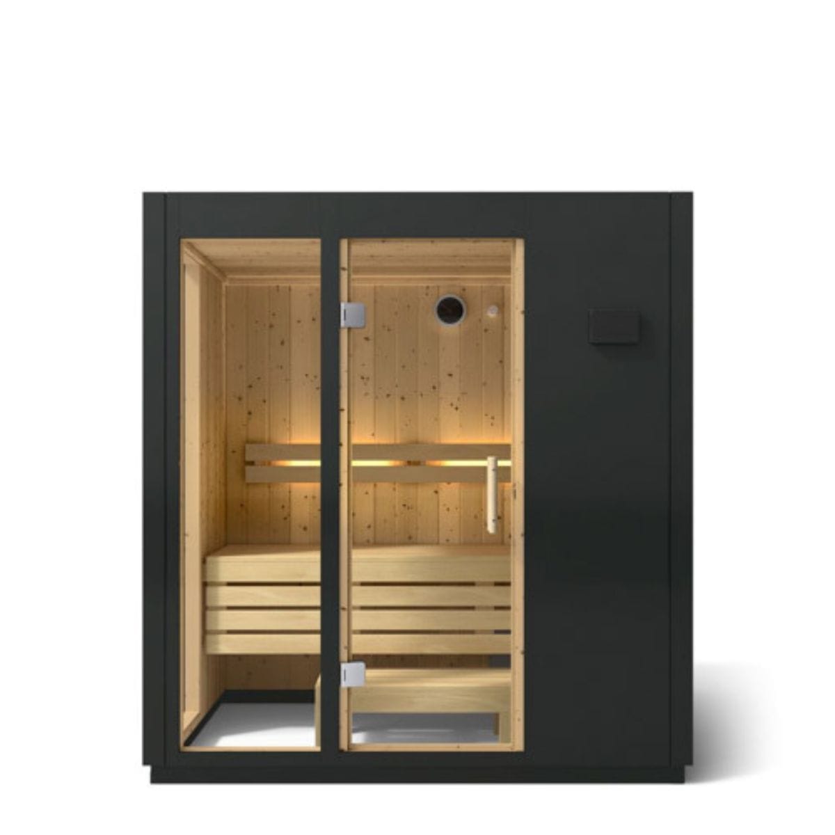 Infrared sauna with black exterior and wooden interior on a white background