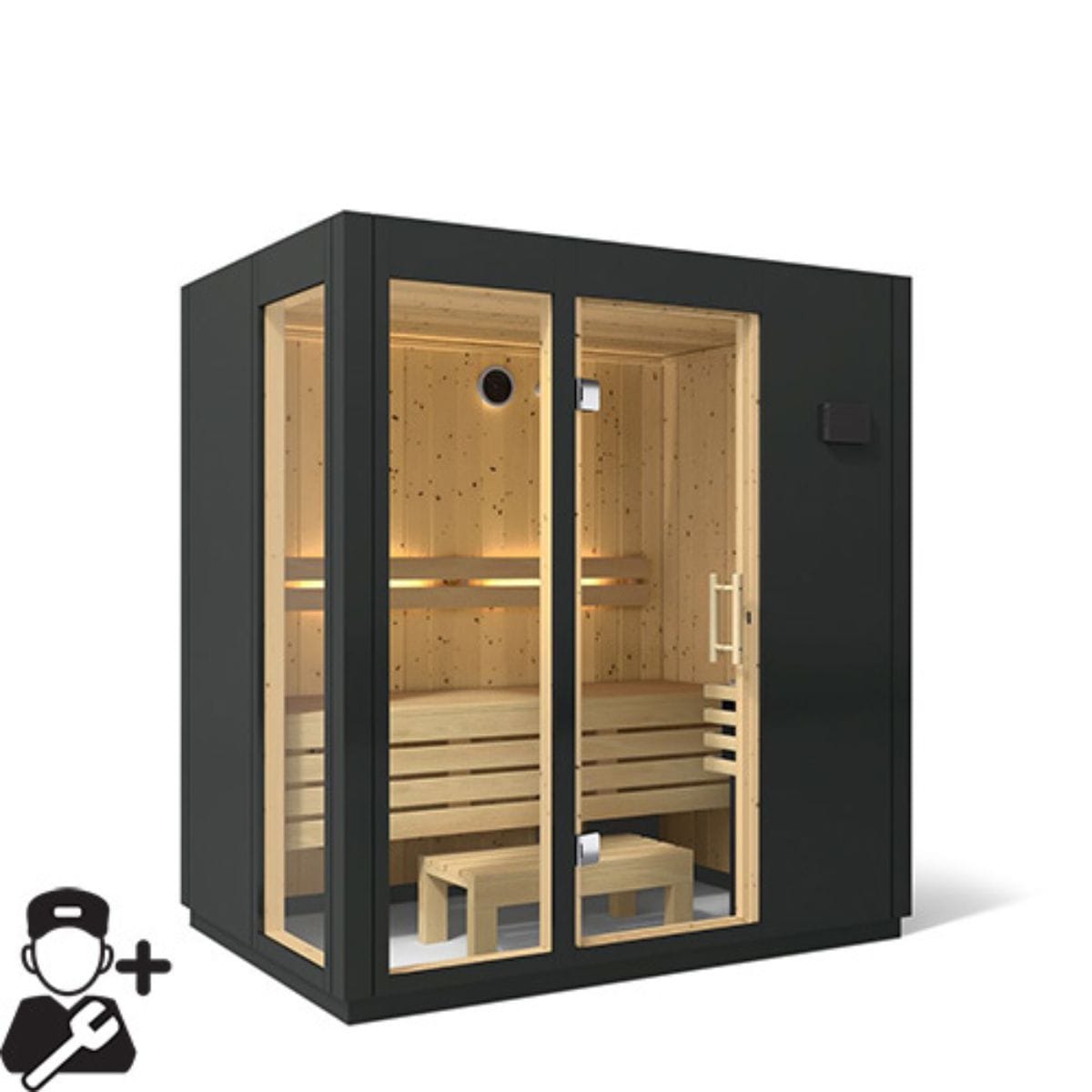 Black-framed sauna with wooden interior on a white background