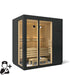 Black-framed sauna with wooden interior on a white background