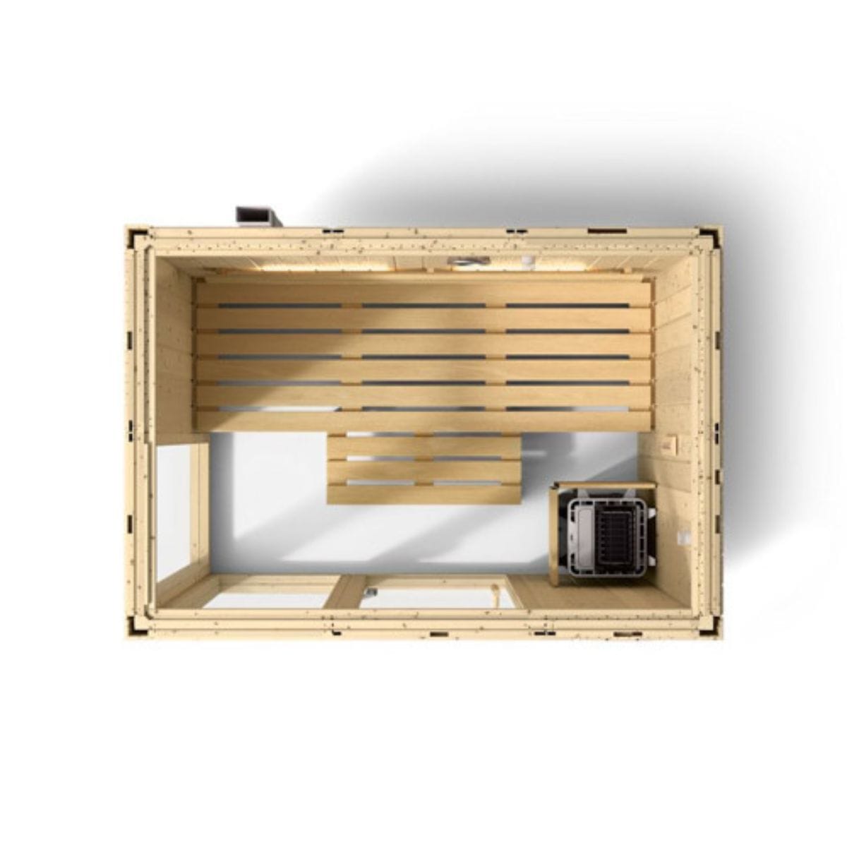 Wooden sauna with a black object inside on a white background