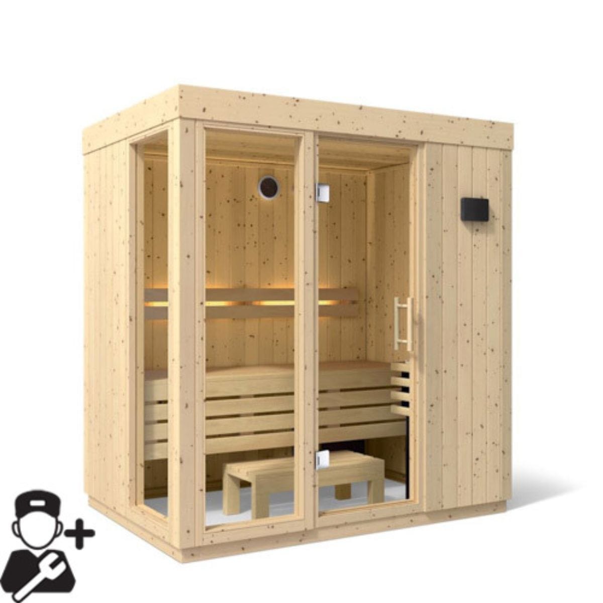 Wooden sauna with bench and door handle on a white background