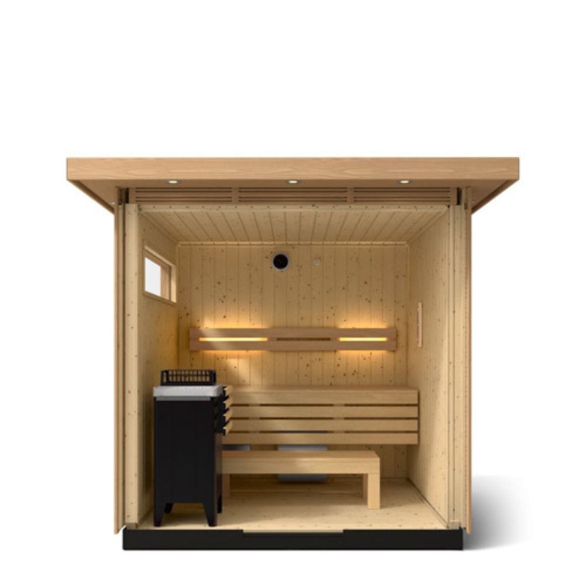Wooden sauna with benches and a small table on a white background