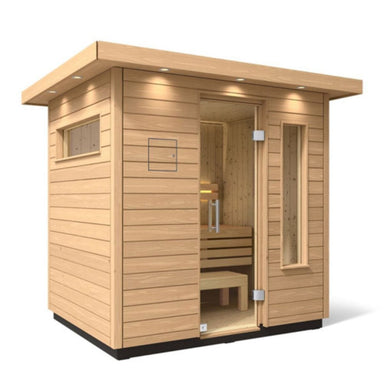 Wooden sauna with a door open on a white background