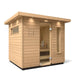 Wooden sauna with a sliding door on a white background