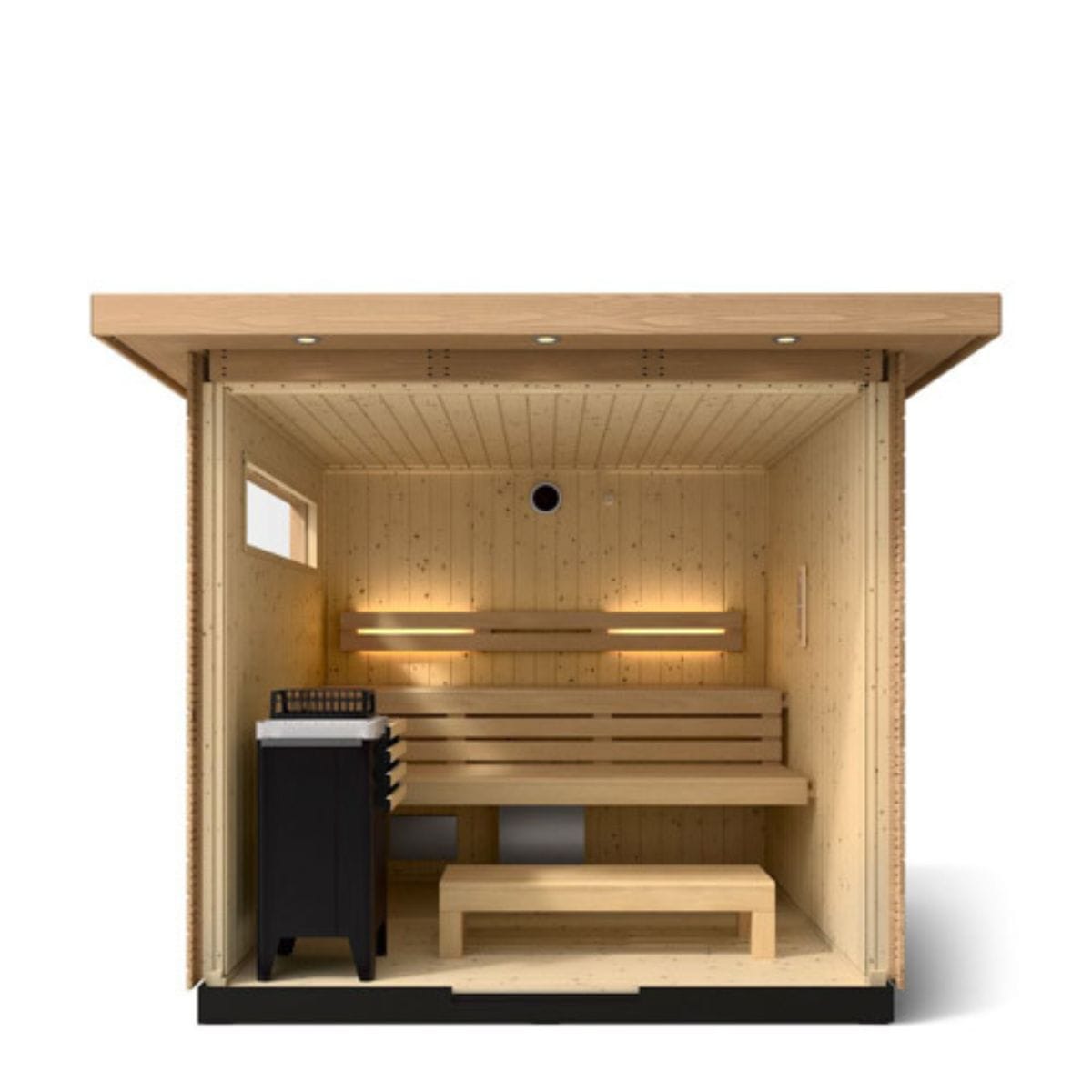 Wooden sauna with benches and a window on a white background
