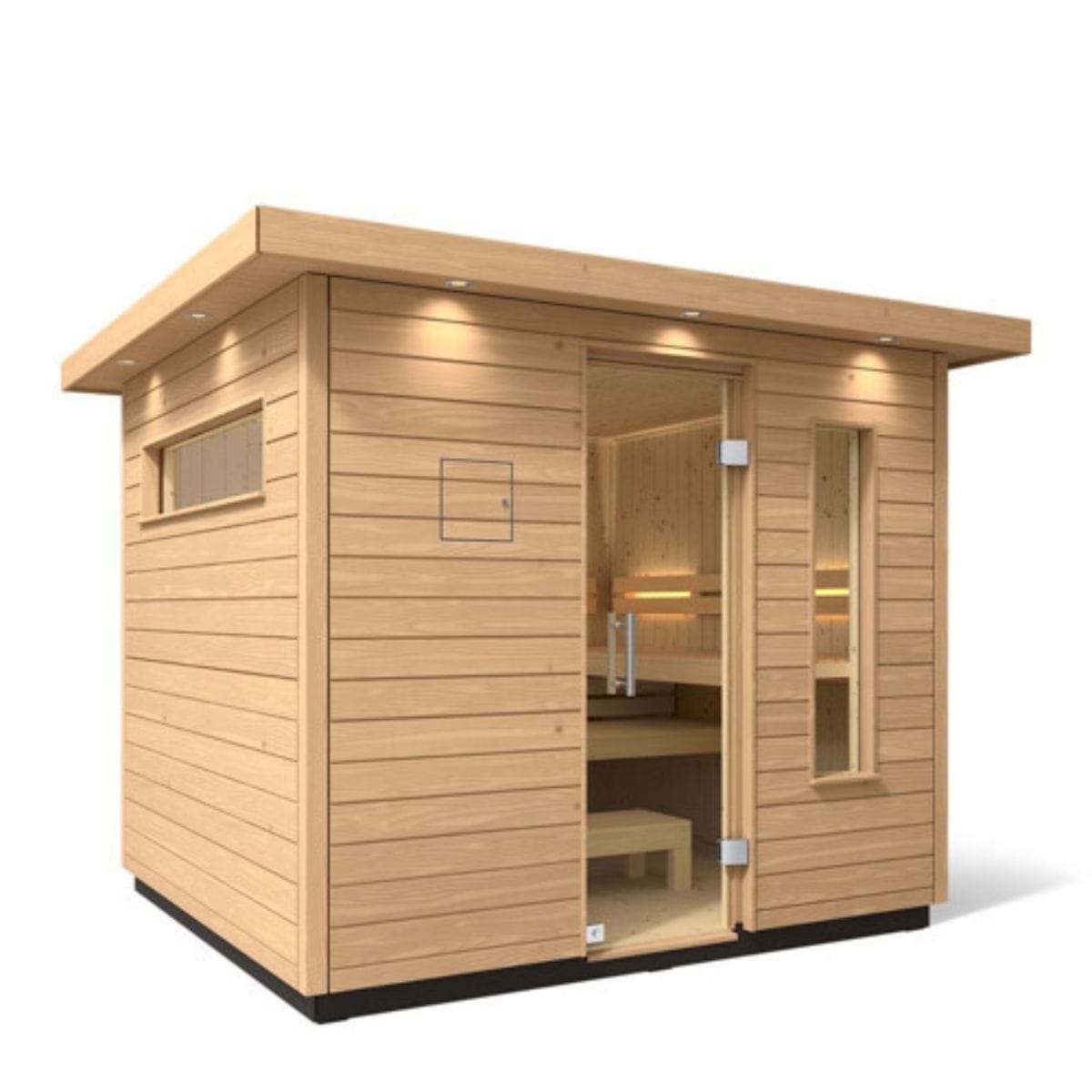 Wooden sauna with glass door on a white background