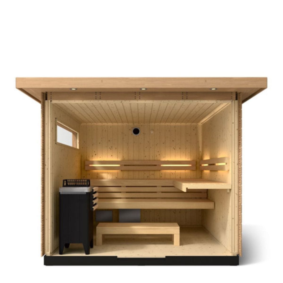 Wooden sauna with benches and a cabinet on a white background