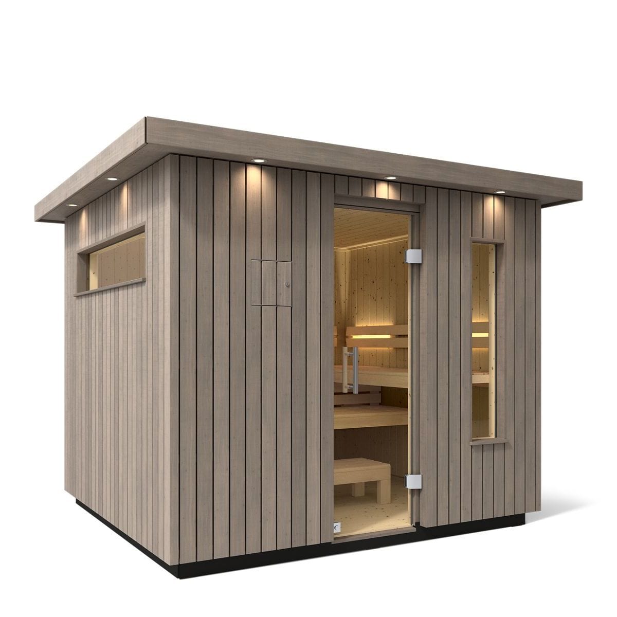 The Kohler C2 Outdoor Sauna features a premium Scandinavian spruce wood interior and Weathered Grey Spruce exterior