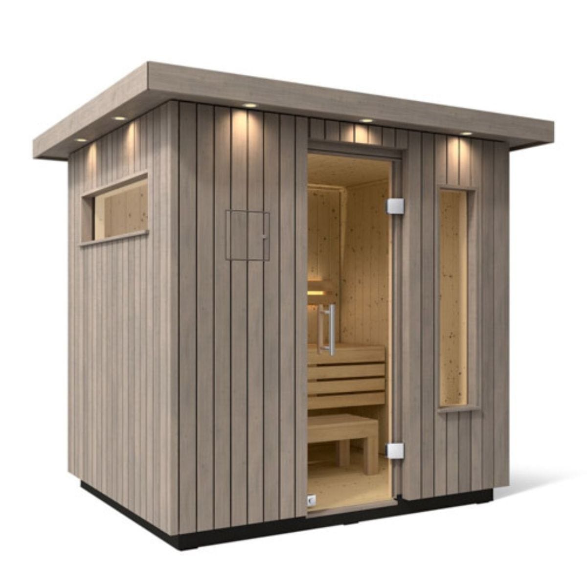 The Kohler C2 Outdoor Sauna features a premium Scandinavian spruce wood interior and Weathered Grey Spruce exterior