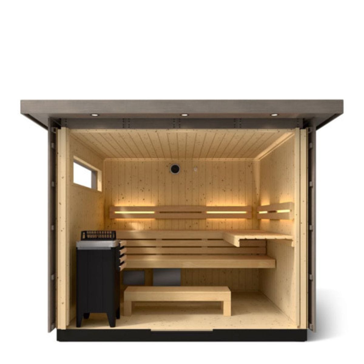 Wooden sauna with benches and a cabinet on a white background