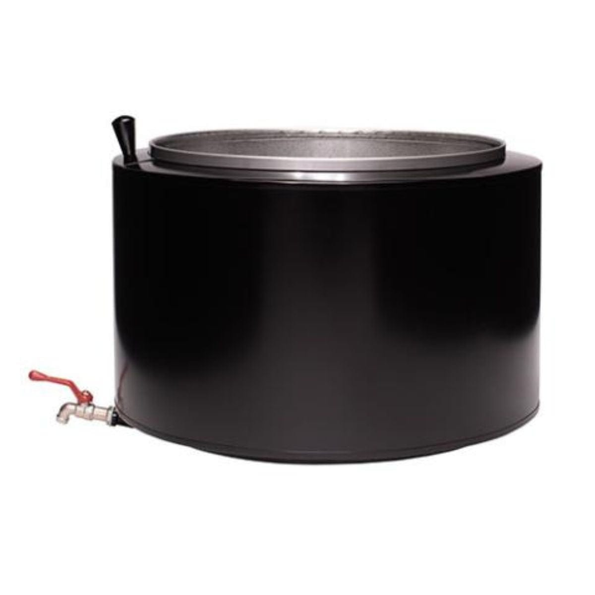 This sauna stove comes equipped with an integrated hot water tank and faucet.