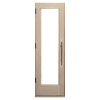 Beige door with a glass panel on a white background