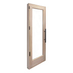 Wooden door with glass panel on a white background
