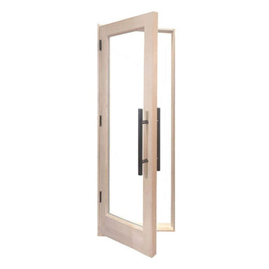 Beige door with a black handle on a white background