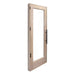 Wooden door with glass panel on a white background