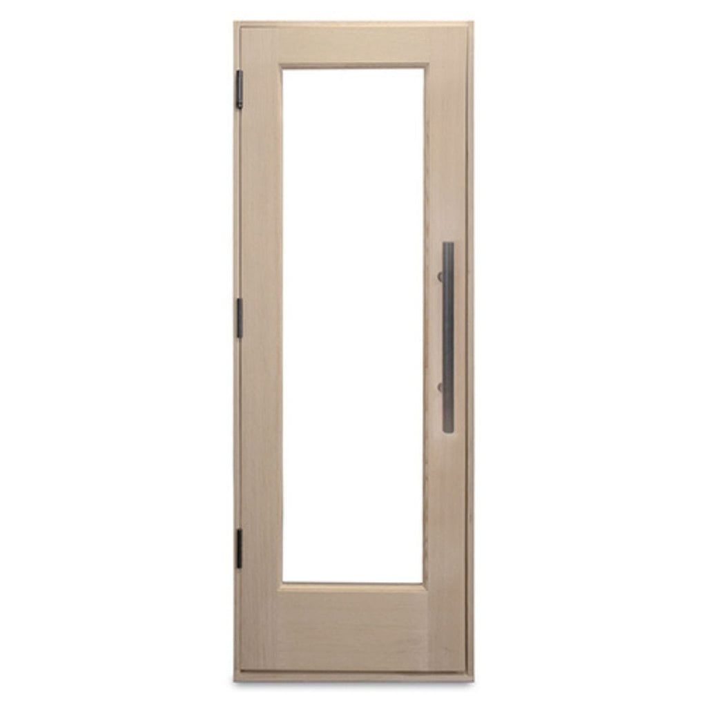 Wooden door with glass panel on a white background