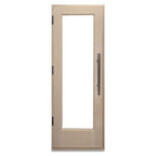 Wooden door with glass panel on a white background