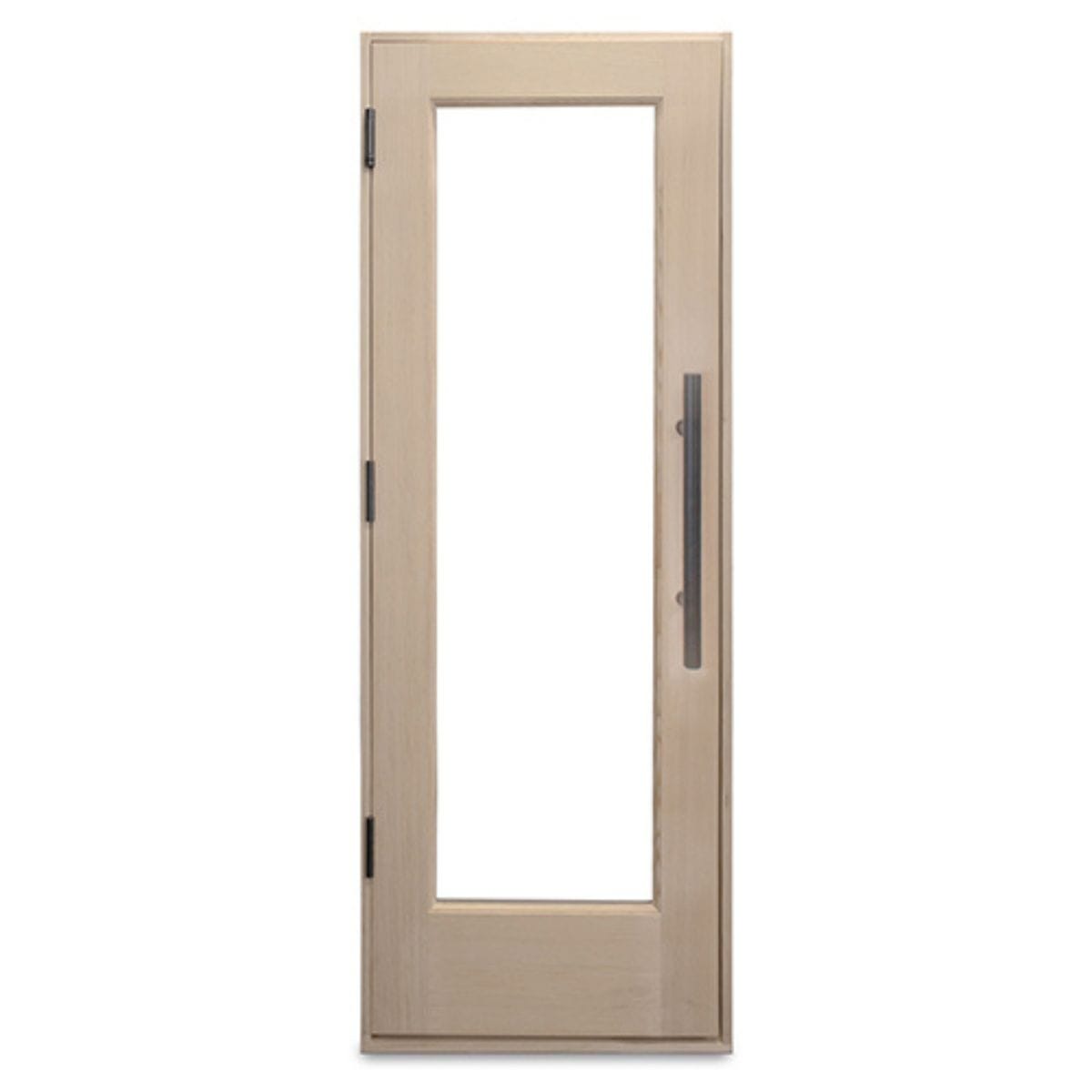 Wooden door with glass panel on a white background