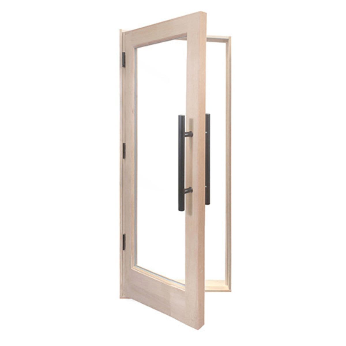 Beige door with a black handle on a white background