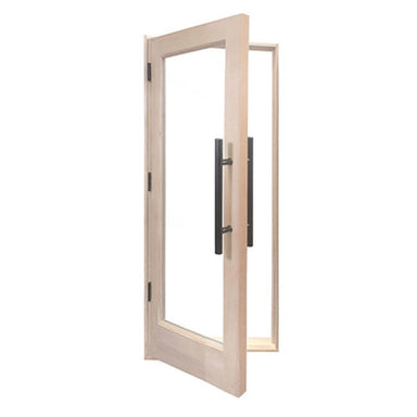 Beige door with a black handle on a white background