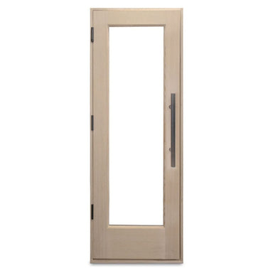 Wooden door with glass panel on a white background