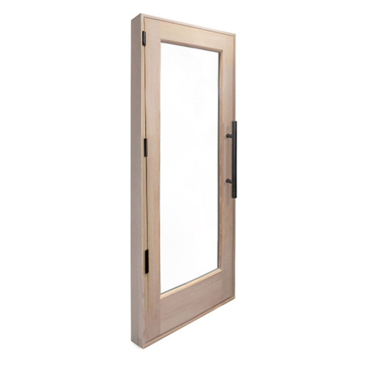 Wooden door with glass panel on a white background