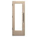 Wooden door with glass panel on a white background