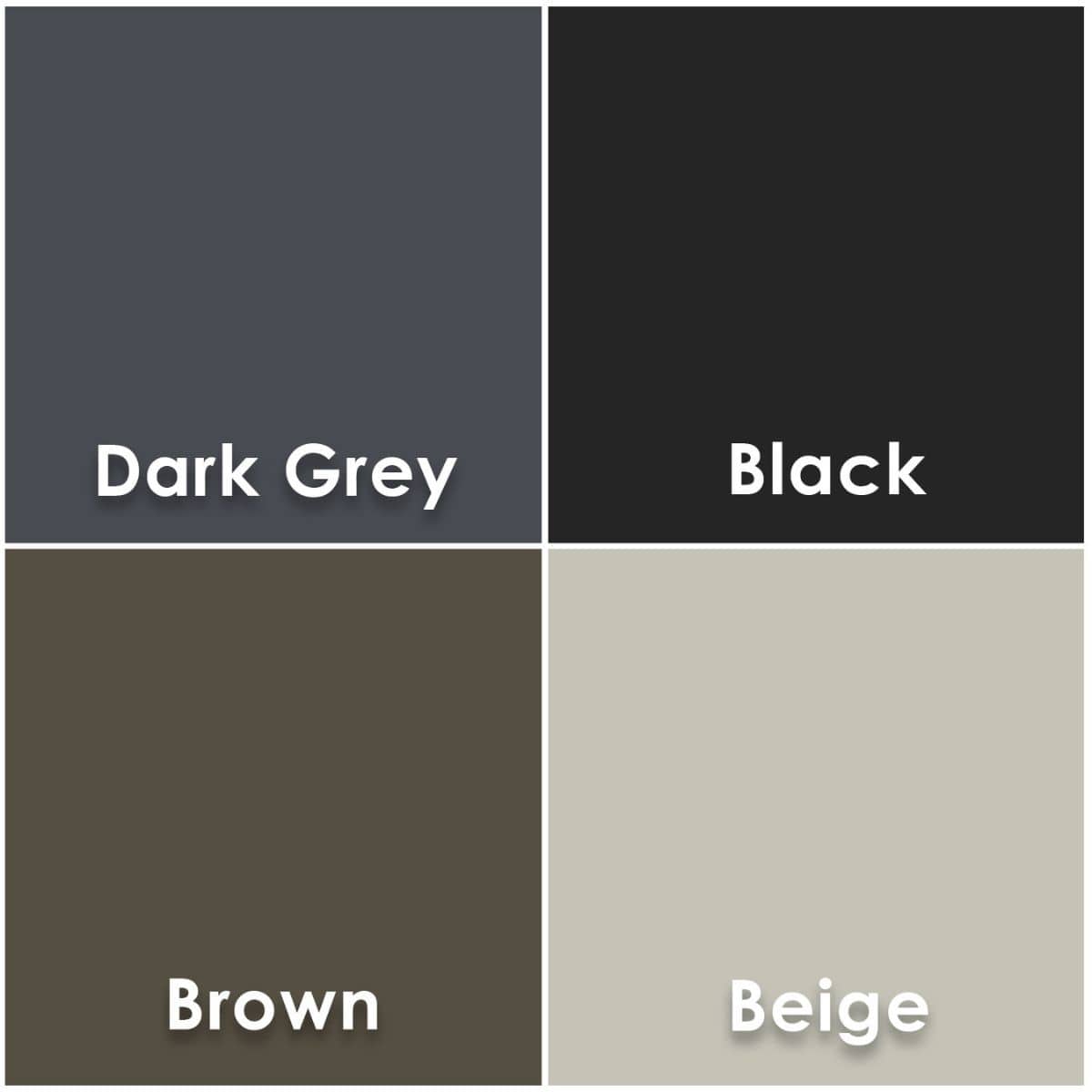 Four square color swatches labeled Dark Grey, Black, Brown, and Beige