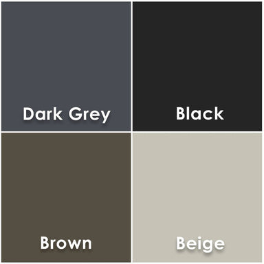 Four square color swatches labeled Dark Grey, Black, Brown, and Beige