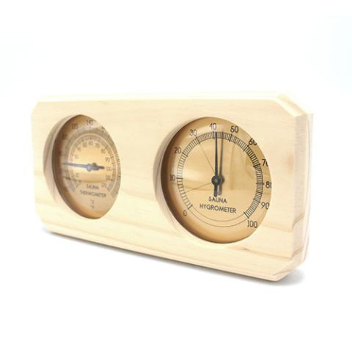 Wooden thermometer and hygrometer with brass faces on a white background
