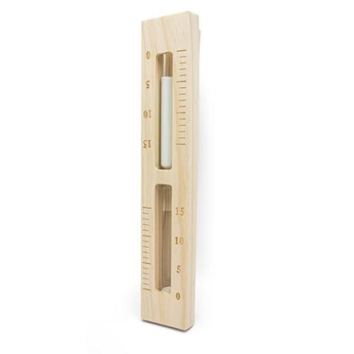 Wooden ruler with measurement markings on a white background
