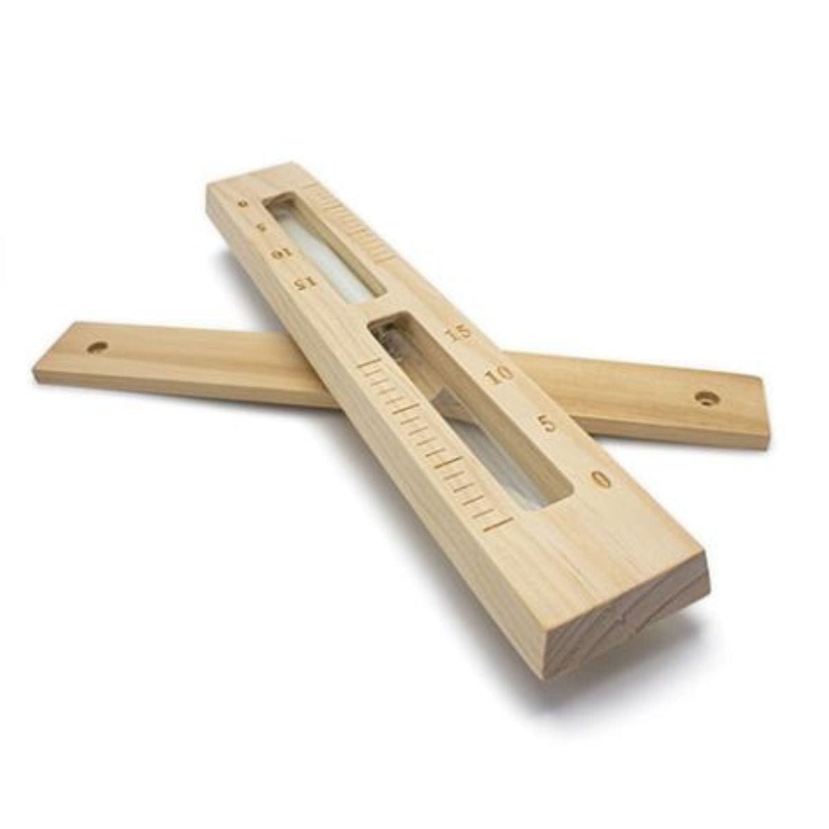 Two wooden rulers stacked on a white background