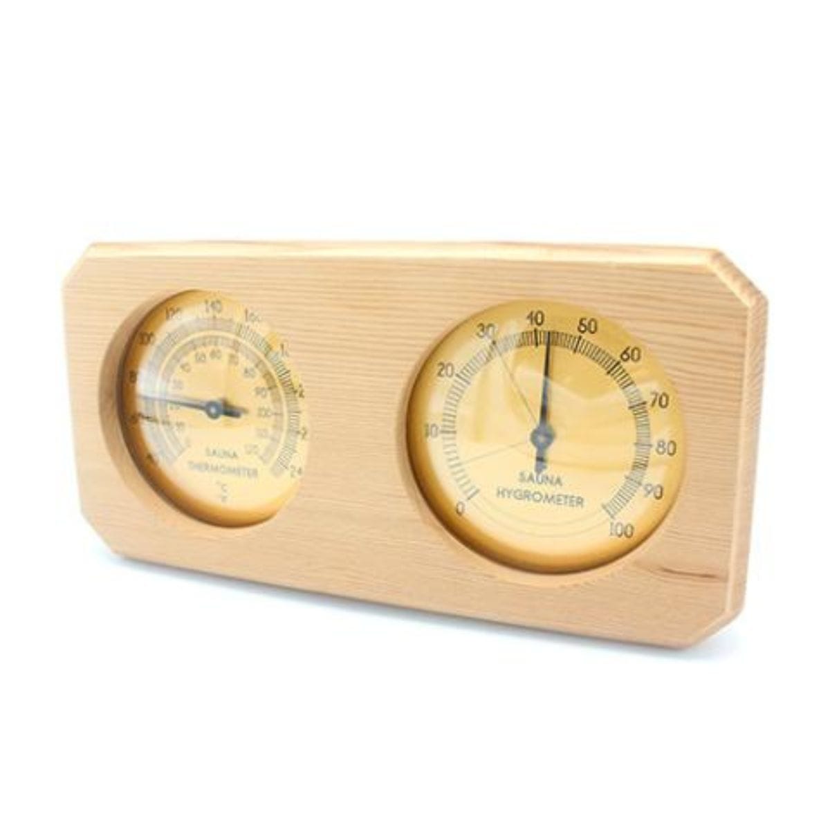 Wooden thermometer and hygrometer with gold face on a white background
