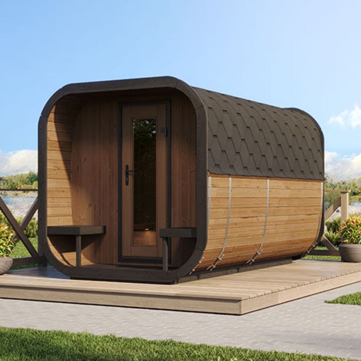 A charming front porch with seating and an integrated dressing room welcomes you and your family or guests into this haven of luxury and wellness