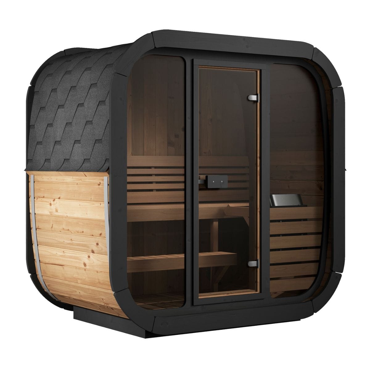 This is the SaunaLife Cube-Series Model CL4G Outdoor Sauna.