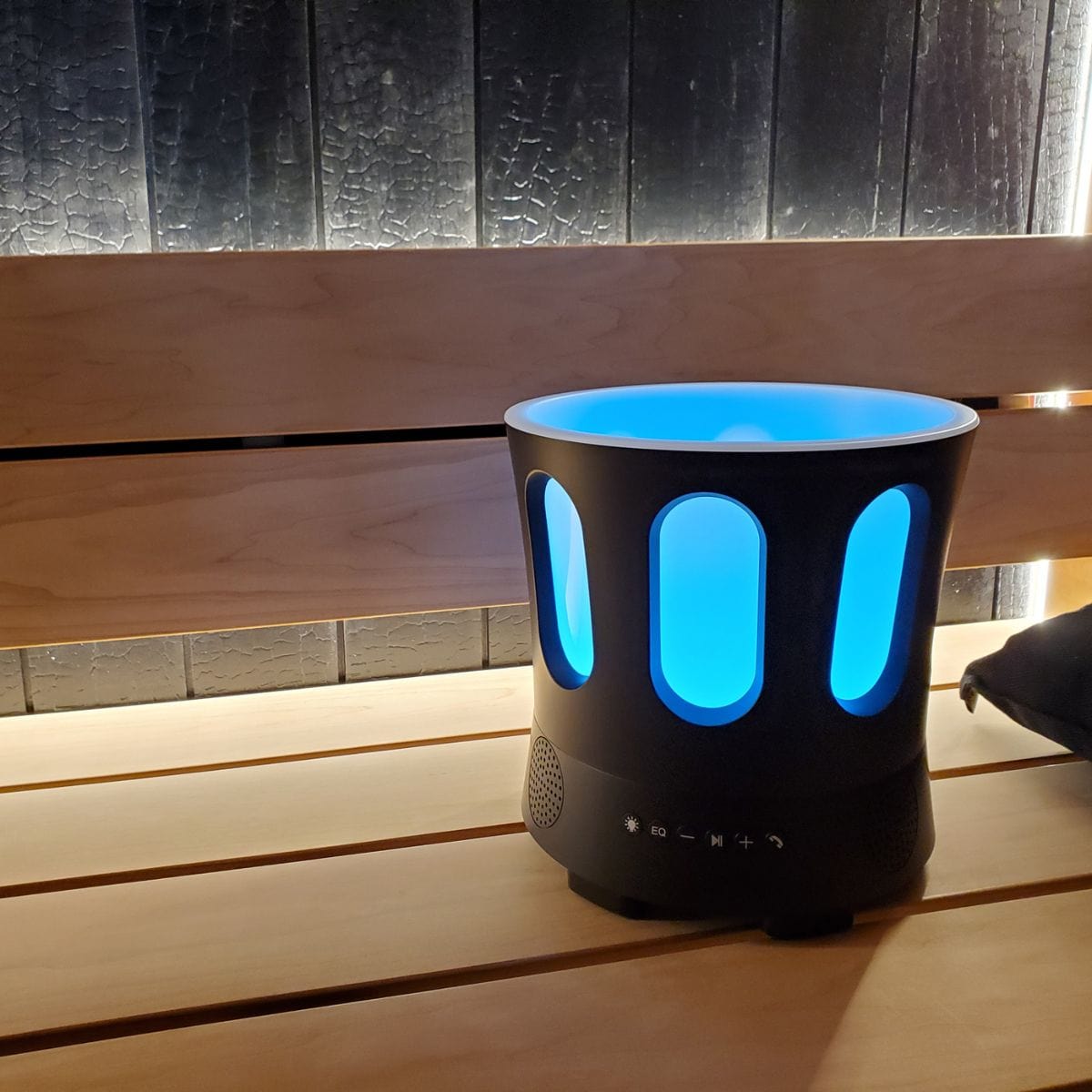 SaunaLife's LED Music Bucket ensures every moment is filled with music, lights, and ice-cold drinks.