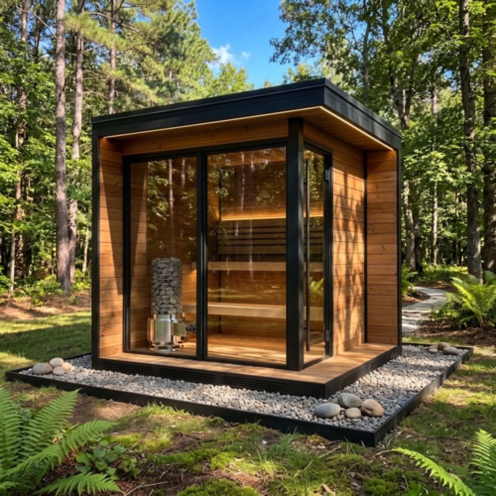 A modern wooden sauna cabin with large glass doors and windows, set in a forest with a gravel base and visible sauna benches inside.