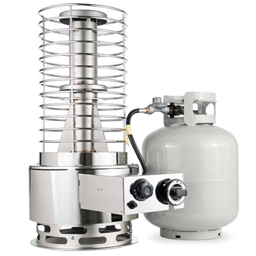 A stainless steel propane heater with a tall wire safety guard and a light gray propane tank connected by a black hose, shown on a white background.