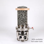 A stainless steel hot stone bath heater with a cylindrical wire mesh basket filled with gray stones, a light wood lid, and a small side spout with a red valve, shown on a white background with text reading 'With available hot water tank'.