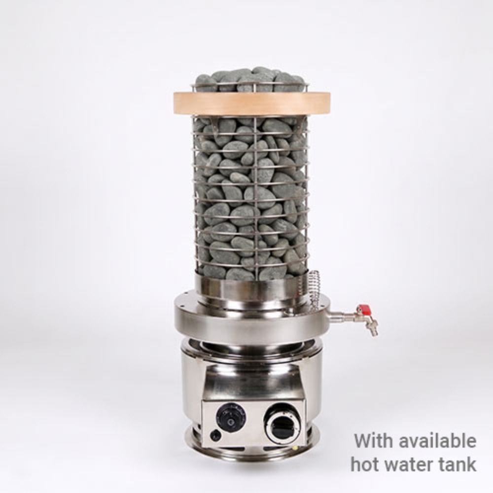 A stainless steel hot stone bath heater with a cylindrical wire mesh basket filled with gray stones, a light wood lid, and a small side spout with a red valve, shown on a white background with text reading 'With available hot water tank'.
