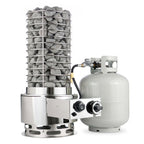 A propane-powered stone heater system with a tall metal basket filled with gray stones, a stainless steel burner base, and a light gray propane tank connected by a black hose on a white background.