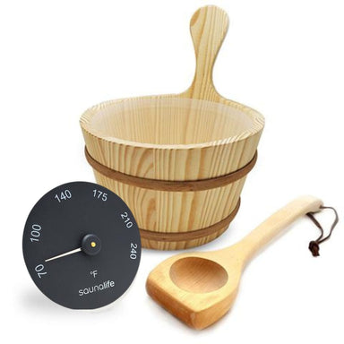 This is the SaunaLife Wooden Sauna Bucket Set w/ Wood Ladle and Thermometer - Accessory Package 4.