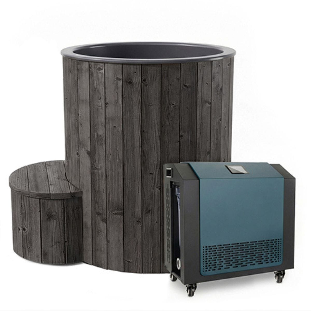 Two wooden planters and a blue air conditioning unit on a white background
