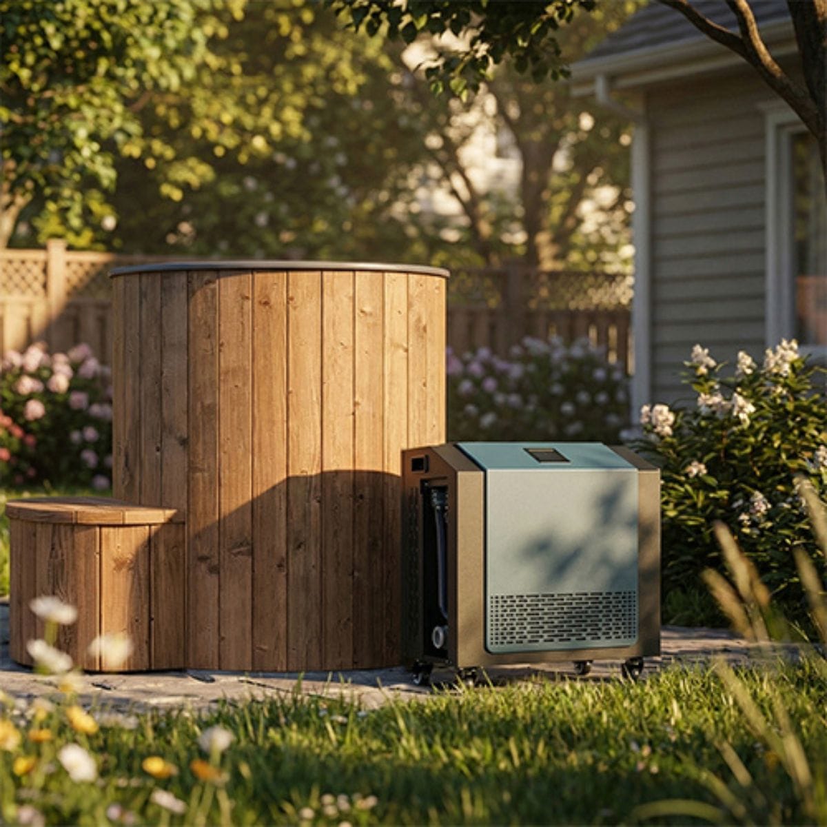 Outdoor air conditioning unit next to a wooden barrel in a garden setting
